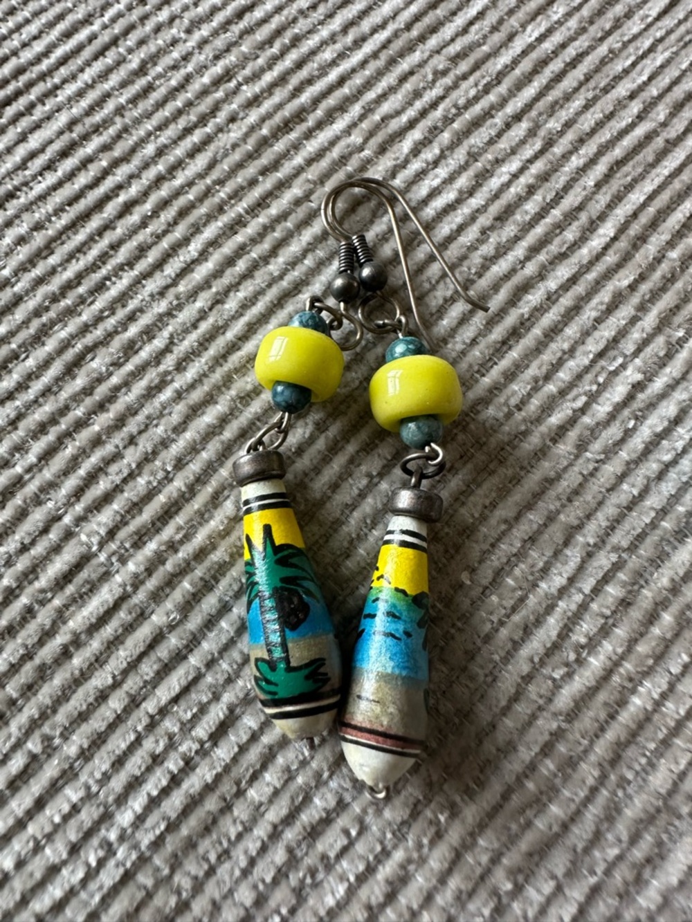Handpainted Tropical Drop Earrings with Yellow Beads